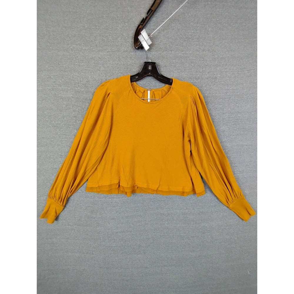 Free People Womens Top Size S Mustard Yellow Long‎ Sleeve Textured Blouse